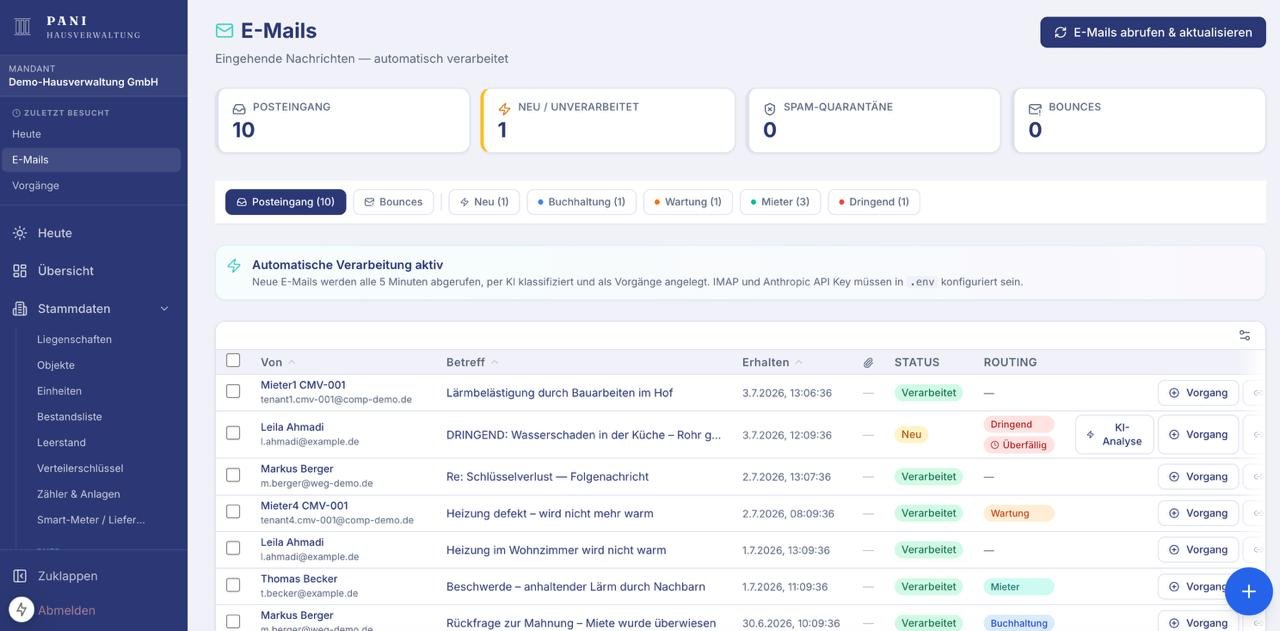 PANI Hausverwaltung: E-Mail-Posteingang mit automatischer KI-Klassifizierung nach Buchhaltung, Wartung, Mieter und Dringend sowie automatischer Vorgangs-Anlage