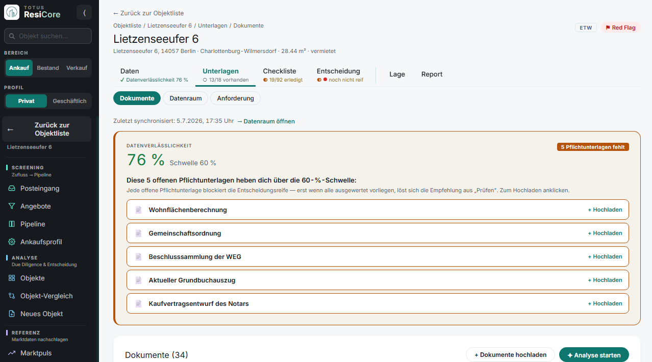 TOTUS ResiCore, Unterlagen und Datenraum-Sync